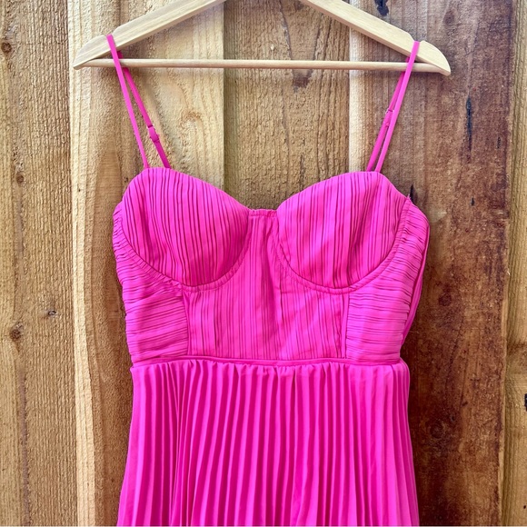 Hot Pink Bustier Pleated Tiered Chiffon Midi Dress 🌿 - Picture 2 of 12